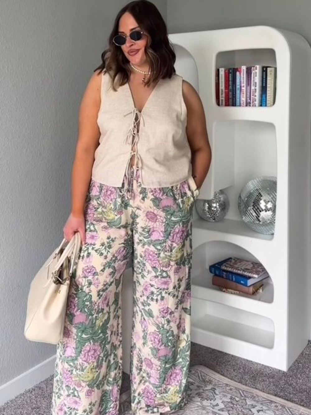 Abercrombie & Fitch Cream Wide-Leg Floral Pants with Pink & Green Bloom Print